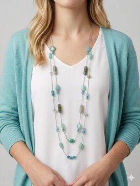 New York & Company Long Aqua Beaded Layered Necklace